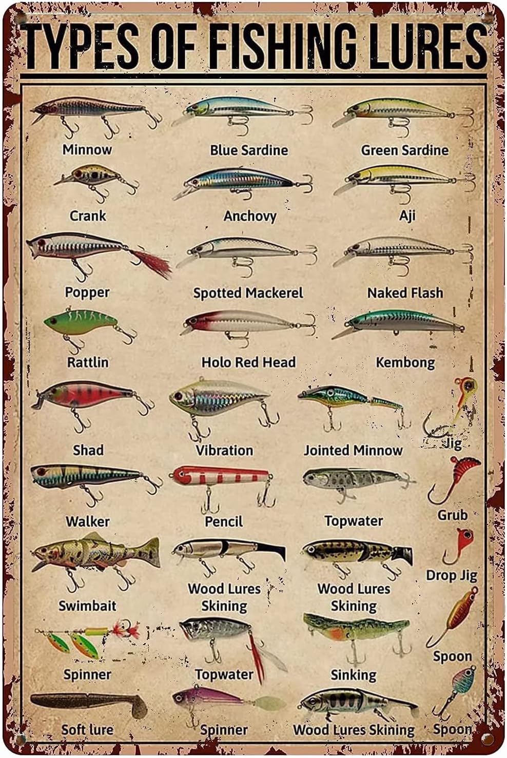 Embroidery Water - ป้ายโลหะวินเทจลาย 1d,TYPES OF FISHING LURES สำหรับตกแต่งผนังห้องน้ำ