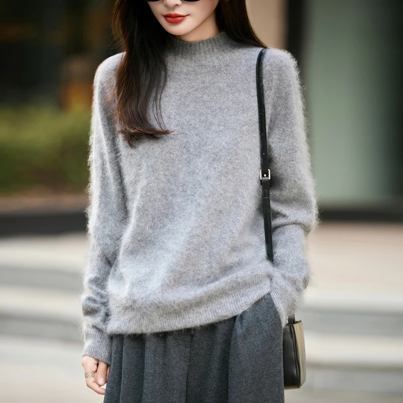 Embroidery Fashion - เสื้อสเวตเตอร์คอสูงขนฟูสำหรับผู้หญิง ทำจากผ้าขนสัตว์ 100% เสื้อโค้ทไหมพรมถักหลวมๆ สำหรับฤดูหนาว เสื้อท่อนบนอุ่นๆ