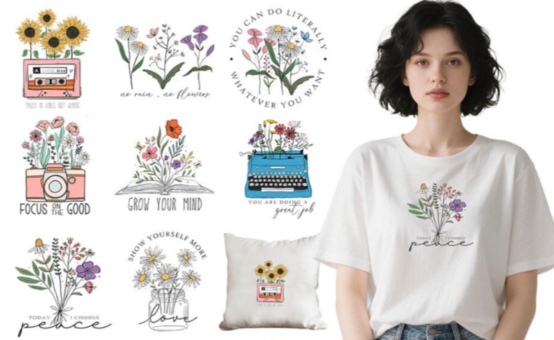 Embroidery Tshirt - สติกเกอร์ลายการ์ตูนดอกไม้สำหรับรีดติดเสื้อผ้า งานปักมือ DIY อุปกรณ์ตกแต่งงานเย็บปักถักร้อย