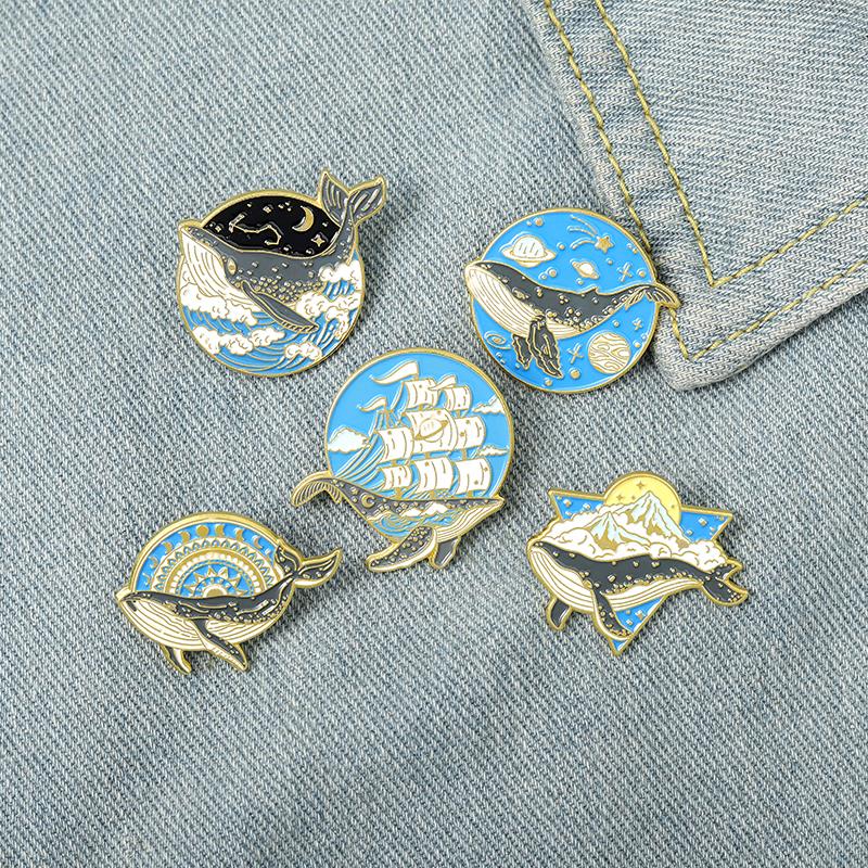 Embroidery Whale - Ocean สัตว์เคลือบ Pins ปลาวาฬ Sea Wave
