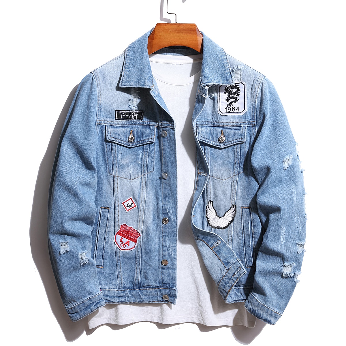 Embroidery Jacket - แจ็คเก็ตยีนส์วินเทจสำหรับผู้ชาย ทรงหลวม ขาดรุ่ย แต่งลายปัก พร้อมปกเสื้อ แขนยาว