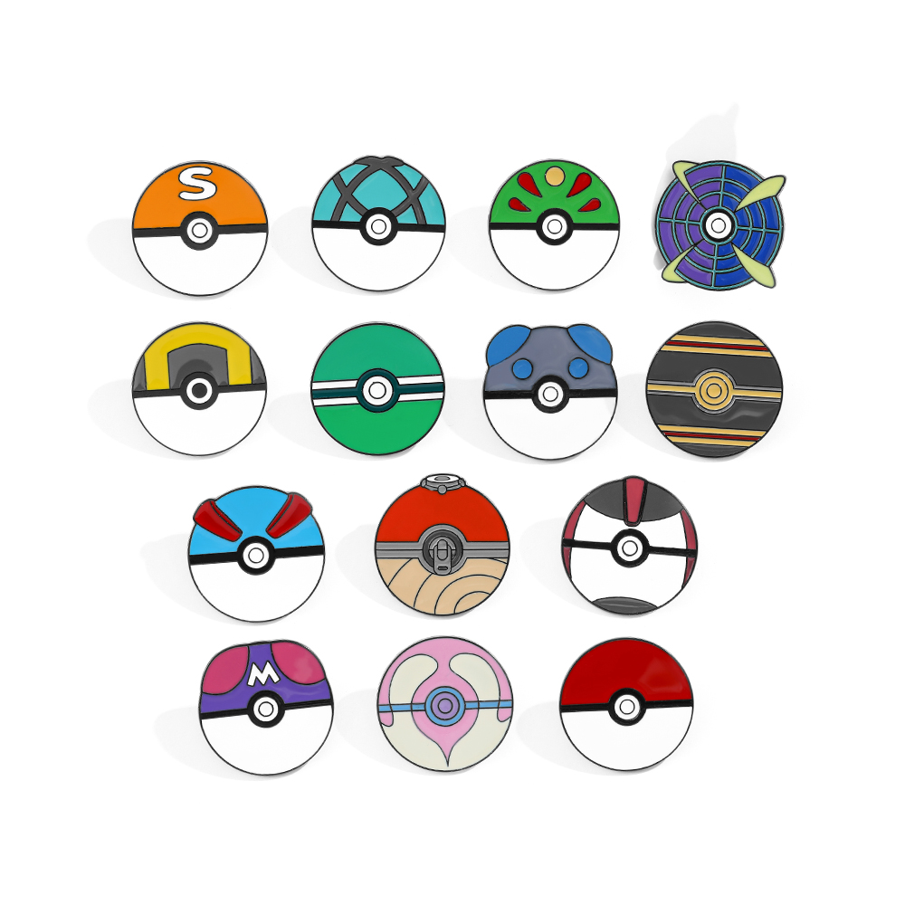Embroidery Simple - เข็มกลัดการ์ตูน 14 ชิ้น ลายโปเกบอล สไตล์มินิมอล เข็มกลัดเคลือบเงา