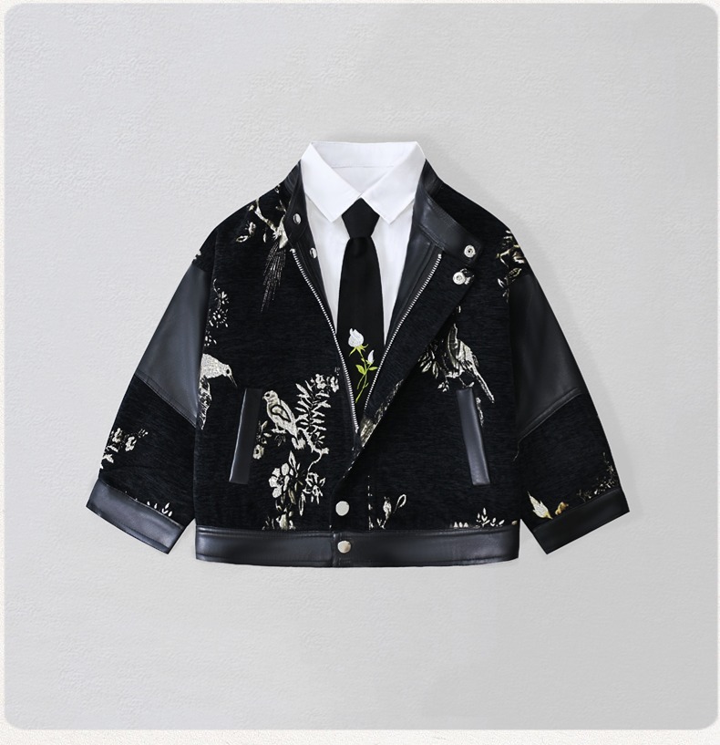 Embroidery Jacket - เสื้อแจ็คเก็ตหนัง PU ปักลายมอเตอร์ไซค์สำหรับเด็กผู้ชาย กันน้ำ กันลม เหมาะสำหรับถ่ายรูปในวันคริสต์มาสและปีใหม่