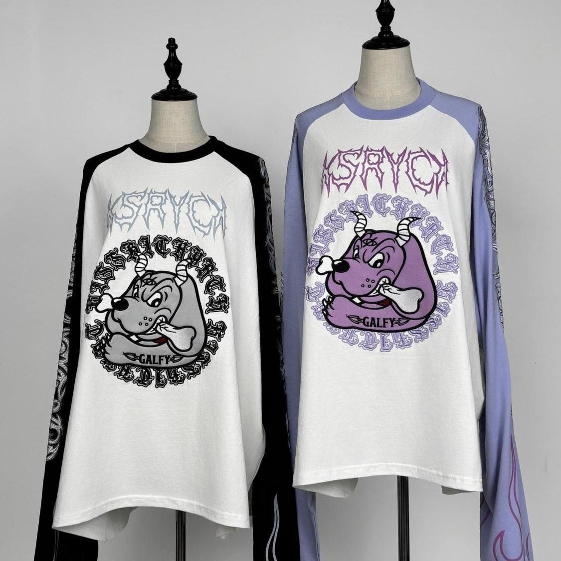 Embroidery Tshirt - เสื้อยืดแขนยาวทรงหลวมลายปักลายไฟ สไตล์สตรีทแวร์ฮาราจูกุญี่ปุ่น คอลเลคชั่น Y2K ซับคัลเจอร์ 2000S