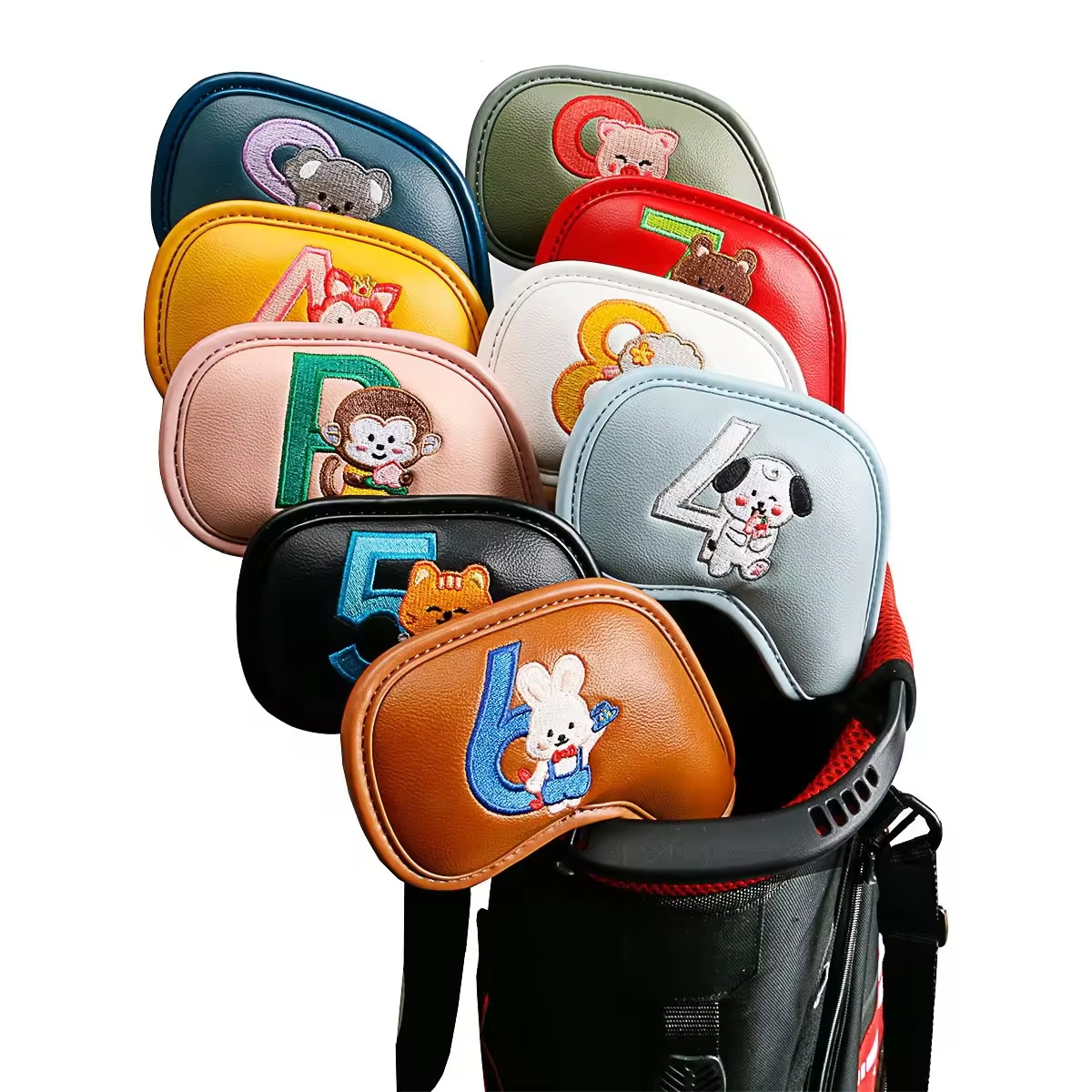 Embroidery Gift - ชุดคลุมหัวไม้กอล์ฟลายการ์ตูนสัตว์น่ารัก 9 ชิ้น, วัสดุหนัง PU ปักลาย,