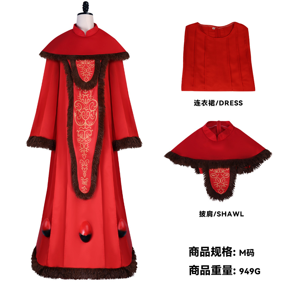 Embroidery Outfit - ชุดเดรสยาวสไตล์ย้อนยุคสำหรับผู้หญิง พร้อมผ้าคลุมไหล่ขอบขนสีแดง ชุดคอสเพลย์สำหรับงานฮาโลวีน งานคาร์นิวัล และงานปาร์ตี้